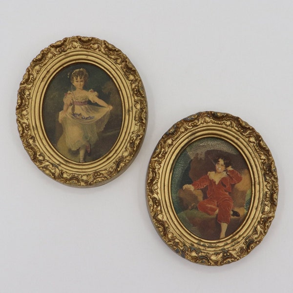 Two Vintage Gold Framed Oval Pictures - Rococo Children Painting Print - Antique Boy and Girl Home Decor