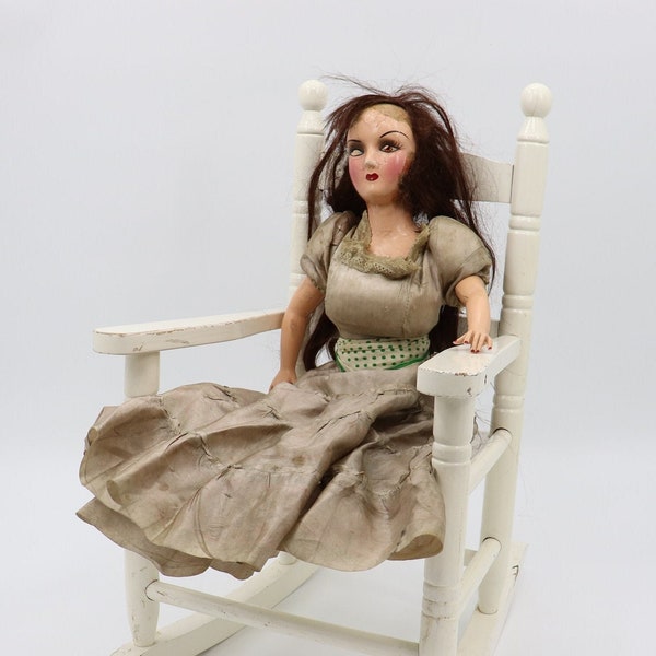 Antique Boudoir Doll with Gray Dress & Composition Head - 1910s-1920s Bed Sofa Doll  - Creepy Scary Prop