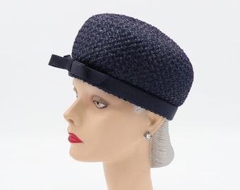 Vintage Navy Blue Bubble Hat with Bow - Union Made - 50s 60s Woven Straw Bucket Hat, Beehive Hat