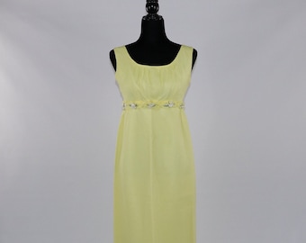 Vintage 60s 70s Long Yellow Sun Dress with White Flowers Sundress Tank Style, Sleeveless, Empire Waist, Bridesmaid