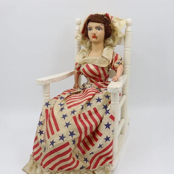 Antique Boudoir Doll with American Flag Dress & Composition Head - 1910s-1920s Bed Sofa Doll - Creepy Scary Prop