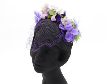 Vintage Purple Floral Fascinator - 1950s Flower Hat with Veil