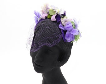 1950s Blue Purple Velvet Floral Veil Fascinator Hat Hair  display picture 3
