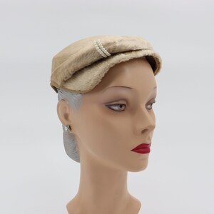 Vintage Beige Tan Fur Hat with Pearl Decor- Women&#39;s 1950s Skull Cap