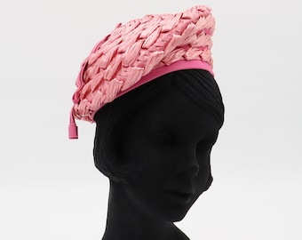 Vintage Pink Asymmetrical Hat by Yolie - 1950s 1960s Woven Straw Cap