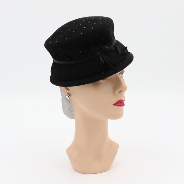 Vintage Black 100% Wool Hat with Bow and Beads - 1950s Women's Cap - Glenover Henry Pollak Inc