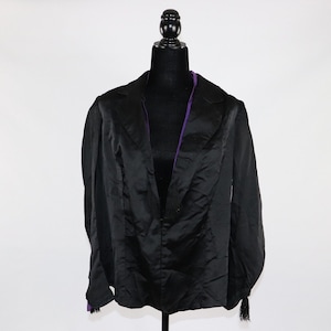 Antique Black Victorian Coat with Fringe and Purple Lining, Shiny, Silky Material Cosplay Reenactment Rare Larger Size Vintage