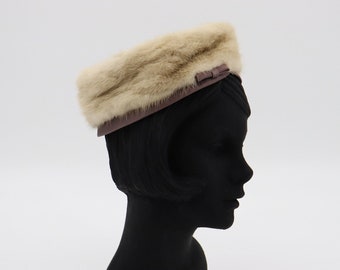 Vintage Brown Mink Hat by Styled by Coralie - 1950s 1960s Silk and Fur Pillbox Cap
