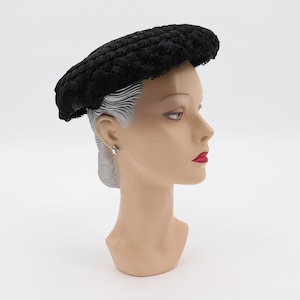 Vintage Black Platter Hat - 1950s Adjustable Straw Women&#39;s Cap