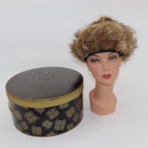 Antique Vintage Fur Hat with Hat Box Real Fox Pelt, Great for Winter, Fits Most Heads