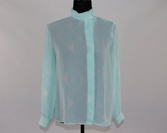 Haberdashery by Personal Light Blue and White Long Sleeved 1980s Does 60s See-Through Button-Up Blouse Antique Vintage Shirt