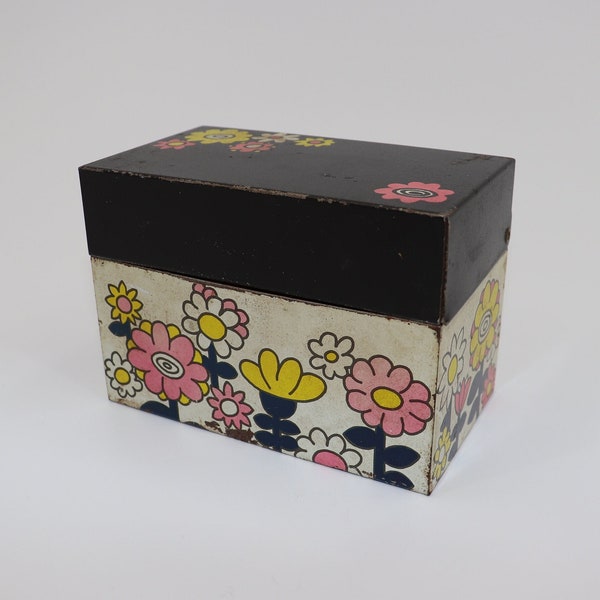 Black and White Ohio Art Recipe Box with Pink and Yellow Flowers 60s 70s Antique Vintage Groovy Tin Box