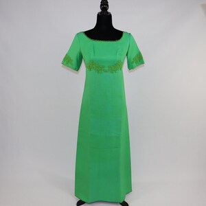 Green Vintage Long Maxi Dress Empire Waist with Lace Detailing - Short Sleeve Antique 60s 50s Gown