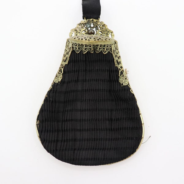 Antique Victorian Edwardian Black Purse Evening Bag Wristlet with Metal Gold Filigree Clasp
