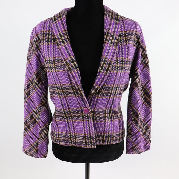 80s Apropos Inc - Sandra Roth Ciaosport - Purple and Black Plaid Blazer Coat Vintage Size 8 Fits M / L 1980s Antique Buttoned Jacket