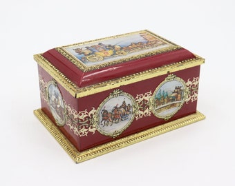 Vintage Klann Quality Red Candy/Biscuit Tin - Antique Western Germany Trinket Box with Carriage Images