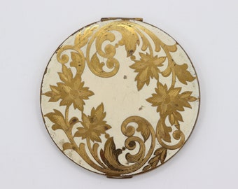 Vintage Elgin American Circular Makeup Compact White and Gold Designs