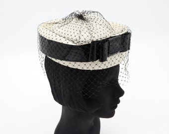 Vintage White and Black Formal Hat with Veil - 1950s 1960s Women's Cap