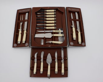 Antique Vintage 19 Piece Regent Sheffield England Cutlery Set Stainless Steel Blades White Plastic Handle with Box