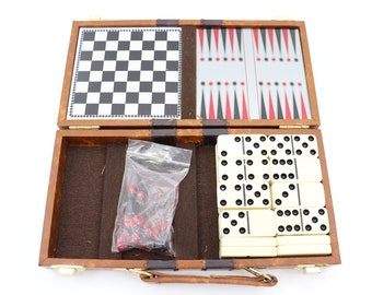 Vintage Travel Game Board Set Kit - Dominoes, Checkers, Backgammon