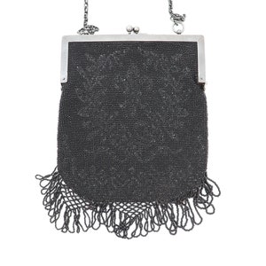 Vintage Jet Black Beaded Purse Antique 20s Flapper Bag with Bead Fringe image 3