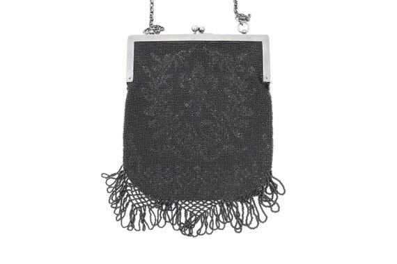 Vintage Jet Black Beaded Purse - Antique 20s Flap… - image 3