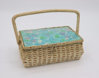 Vintage Dritz Wicker Sewing Basket - Fabric Covered Mid-Century Sewing Box