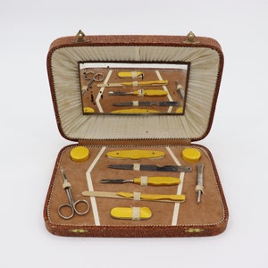 Vintage Yellow Manicure Nail Care Set in Brown Case with Mirror