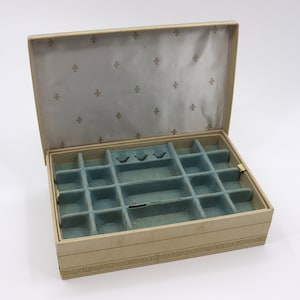 Antique Vintage Cream Colored Jewelry Box with Blue Interior - Multiple Compartments 1950s 1960s Trinket Box