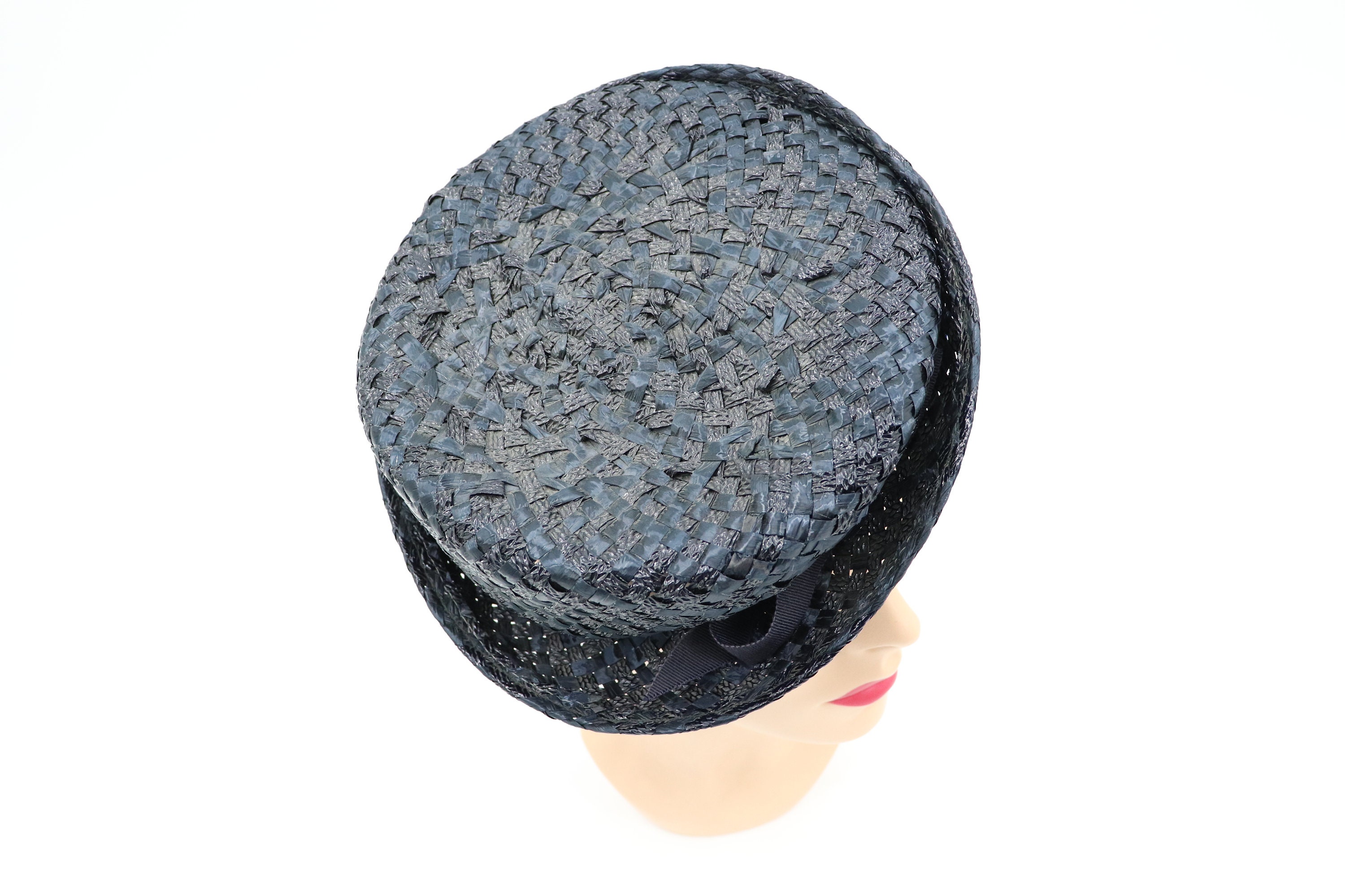Vintage Navy Blue Pleated Tilt Hat Fascinator J.L. Hudson Detroit USA Union Made Large Navy Blue Feather Fascinator Hat Big Teardrop Wedding  main image 3