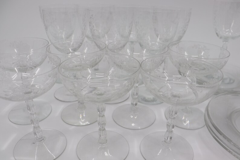 Vintage Fostoria Etched Glass Dish Set With 8 Plates, 8 Wine/water