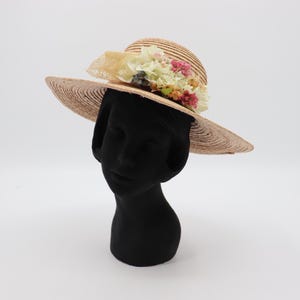 Vintage Brown Straw Hat with Multicolored Flowers on Ribbon - Wide Brim Women&#39;s Sun Hat