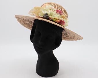 Vintage Brown Straw Hat with Multicolored Flowers on Ribbon - Wide Brim Women's Sun Hat
