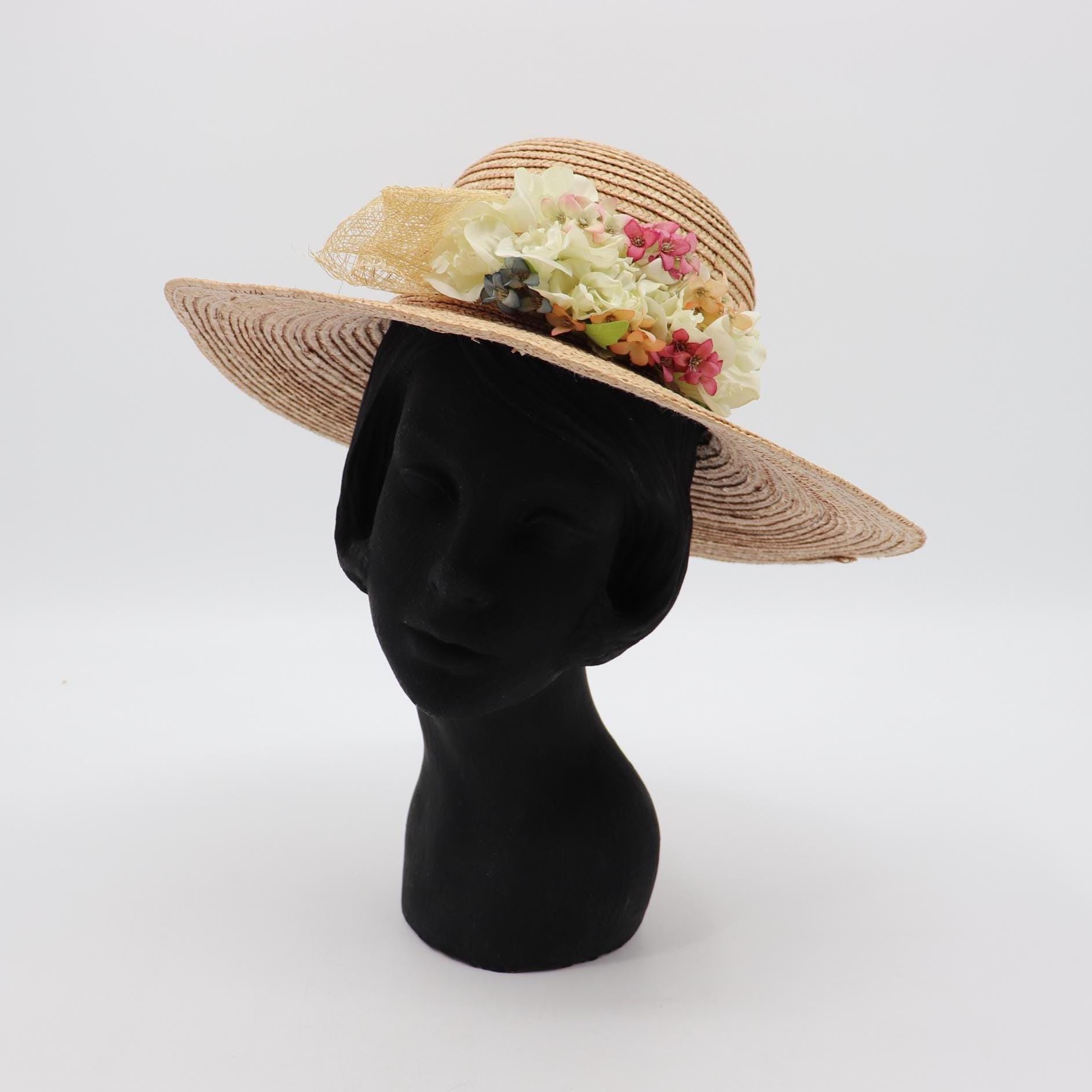 Vintage 1950s Handmade Black Cream Wide-Brim Ladies Hat Floral Accent Wide Brim Everyday Vintage Hats for Women for sale | eBay main image 2