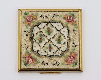 Vintage Elgin American Gold Square Makeup Compact with Textured Rose Designs and Blue Fabric Case