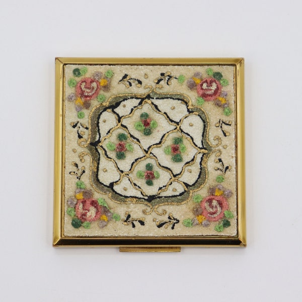 Vintage Elgin American Gold Square Makeup Compact with Textured Rose Designs and Blue Fabric Case