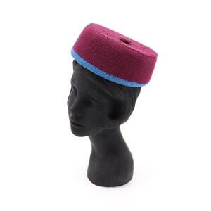 Vintage 1960s Maroon Pillbox Hat - Red/Blue Handmade Knit Cap for Women