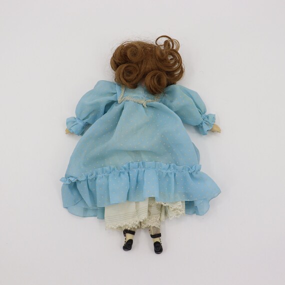 Antique Doll With Cloth Body and Blue Dress - 1900s Brown Haired