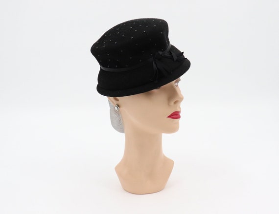 Vintage Black 100% Wool Hat With Bow and Beads 1950s Women's Cap