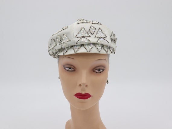 Vintage 1960s Women's White Hat with Sequins - Mo… - image 6
