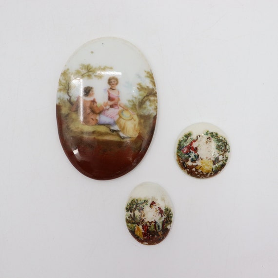 Three Antique Loose Victorian Couple Painted Cameo