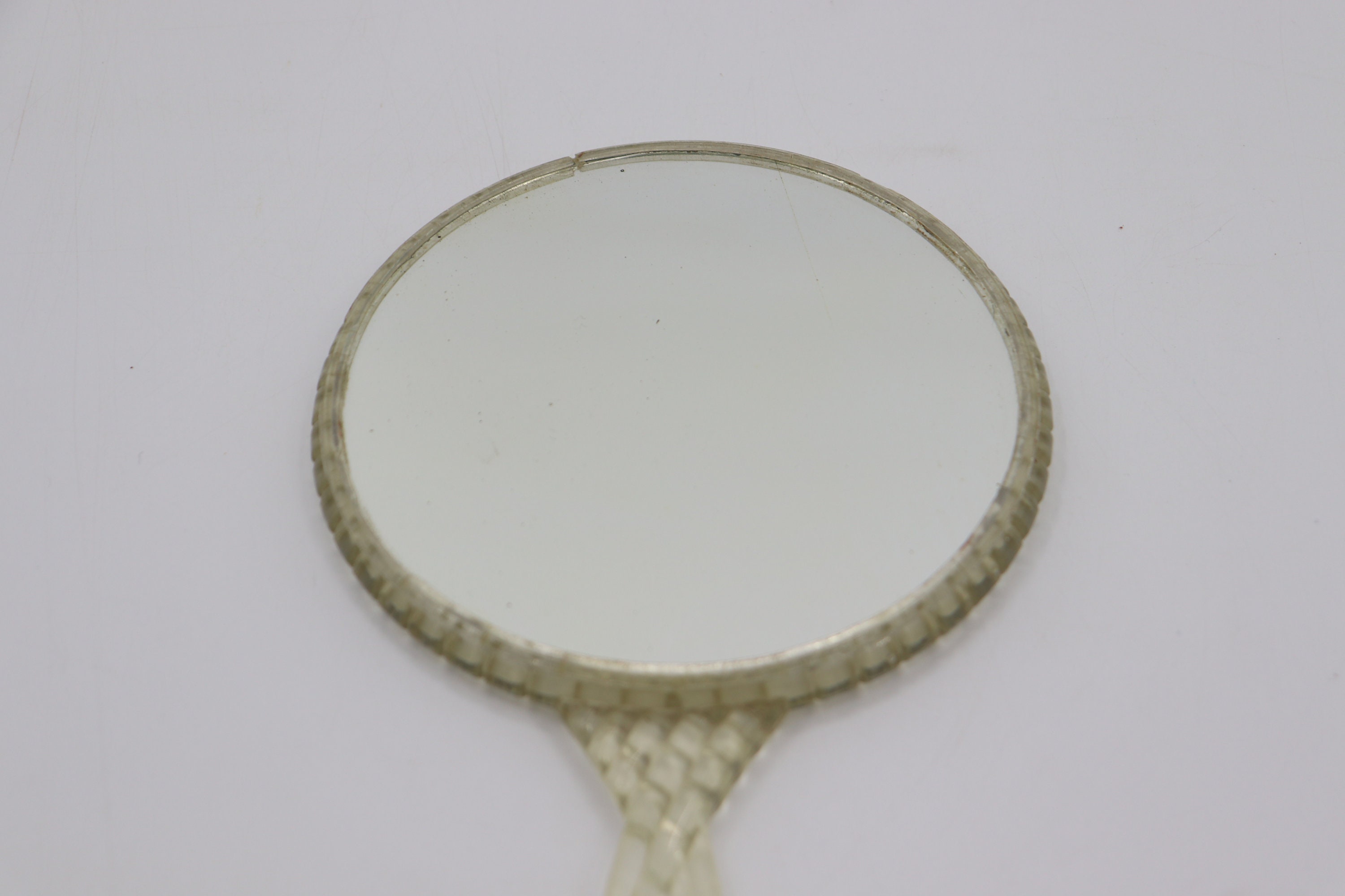 Vintage Plastic Hand Mirror With Rococo Couple Design 1950s Blue Mirror