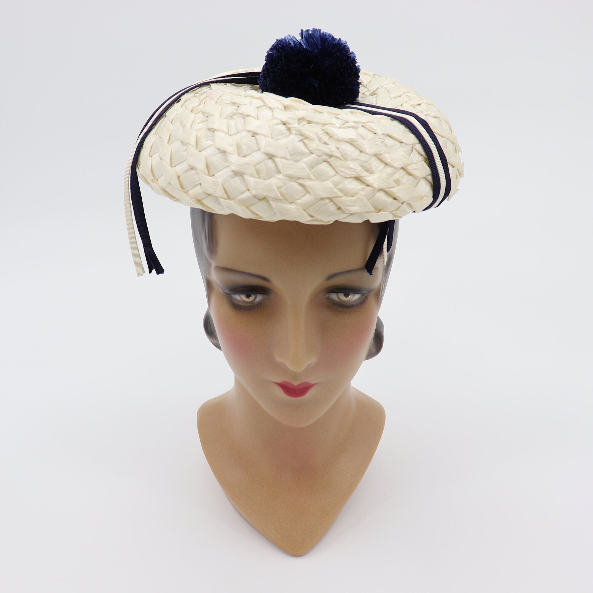 VINTAGE 1960\'S JONQUIL BLACK STRAW WITH SWISS DOT TULLE NETTING HAT Vintage 1980s Cocktail Hat Black Straw w Horsehair Net Brim  main image 3