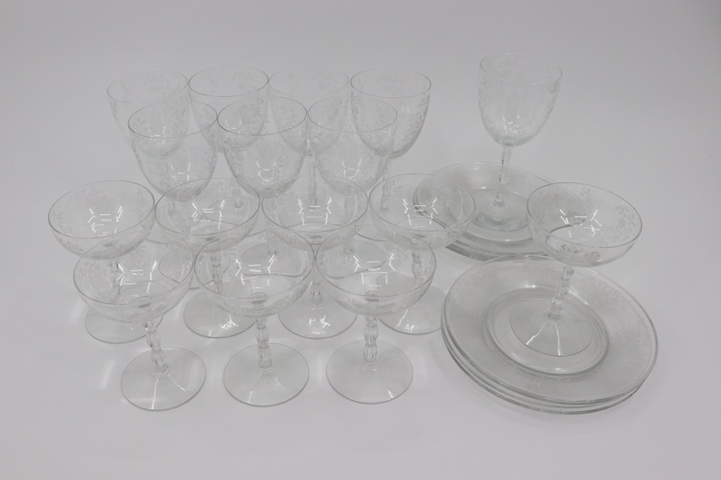 Vintage Fostoria Etched Glass Dish Set With 8 Plates, 8 Wine/water
