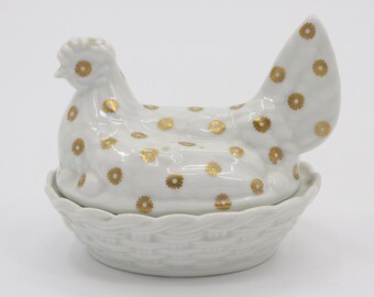 Porcelane de Couleuvre Chicken Salt Cellar - Vintage White Hen Salt Dish with Gold Flowers - Made in France