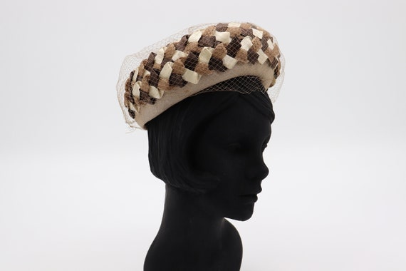 Vintage Brown Straw Hat with Veil - 1950s White a… - image 2