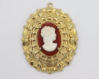 Vintage Red and Gold Plastic Cameo Pendant for Necklace Antique Jewelry