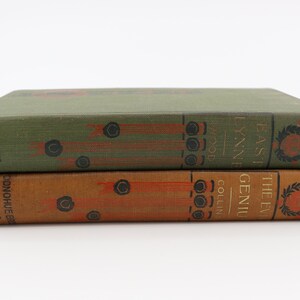 May include: Two vintage hardcover books stacked on top of each other. The top book is green with gold lettering that reads "The Evil Genius" by "East Lynne" and "Collins Wood". The bottom book is brown with gold lettering that reads "Donohue Bros. Chicago".