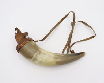 Antique Vintage Powder Horn With Carved Horse Head Plug - Real Steer Bone, Colonial or Civil War Period