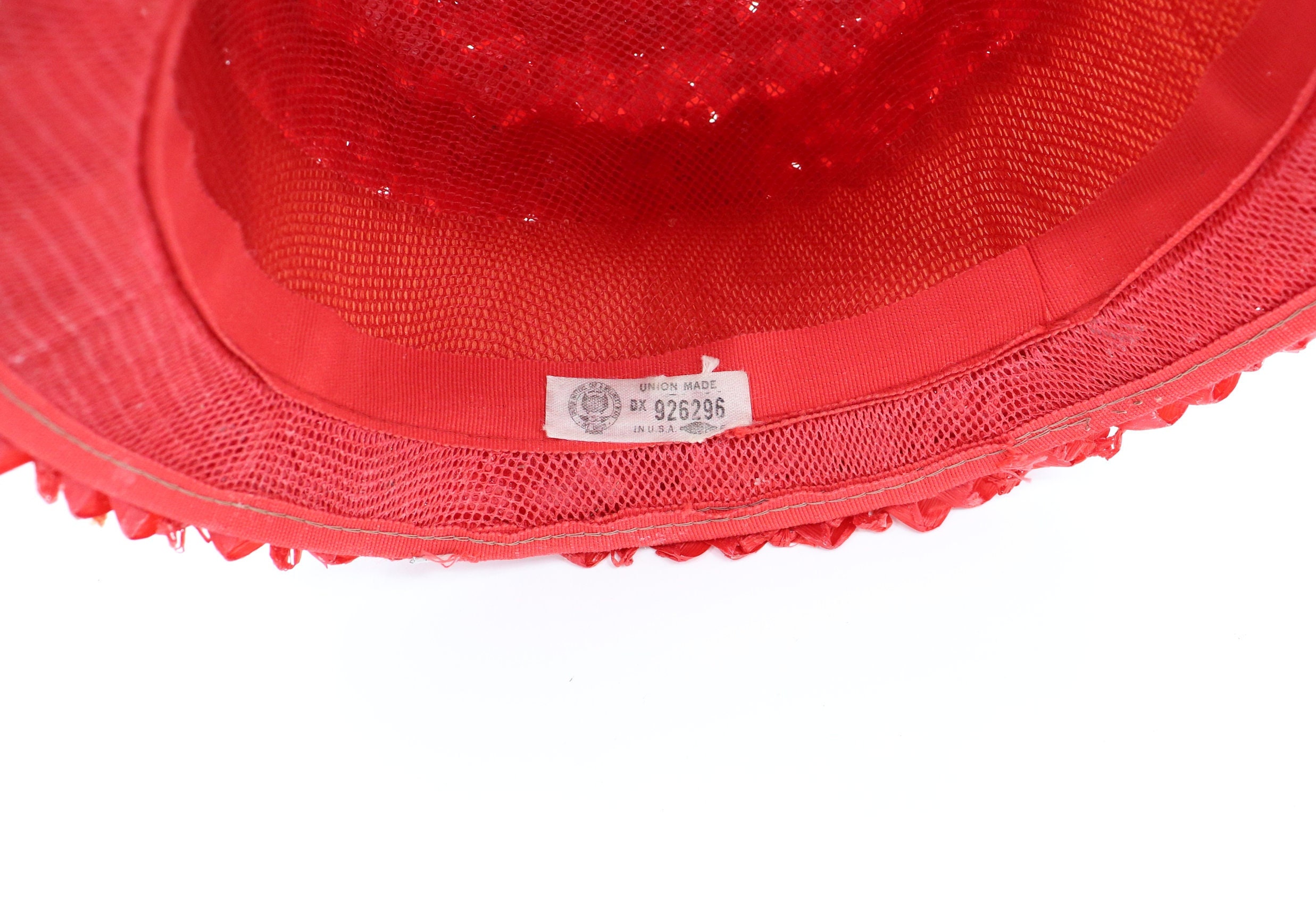 Vintage Red Straw Hat with Floral Stem Leaves 1960s Union Made Women\'s Cap Artsy $_57.JPG?set_id=880000500F main image 2